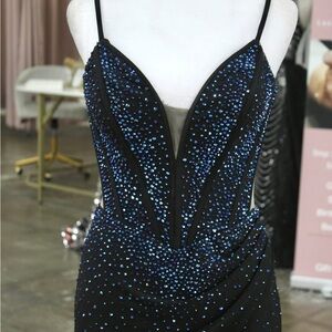 Elegant Black and Blue Beaded Backless Dress